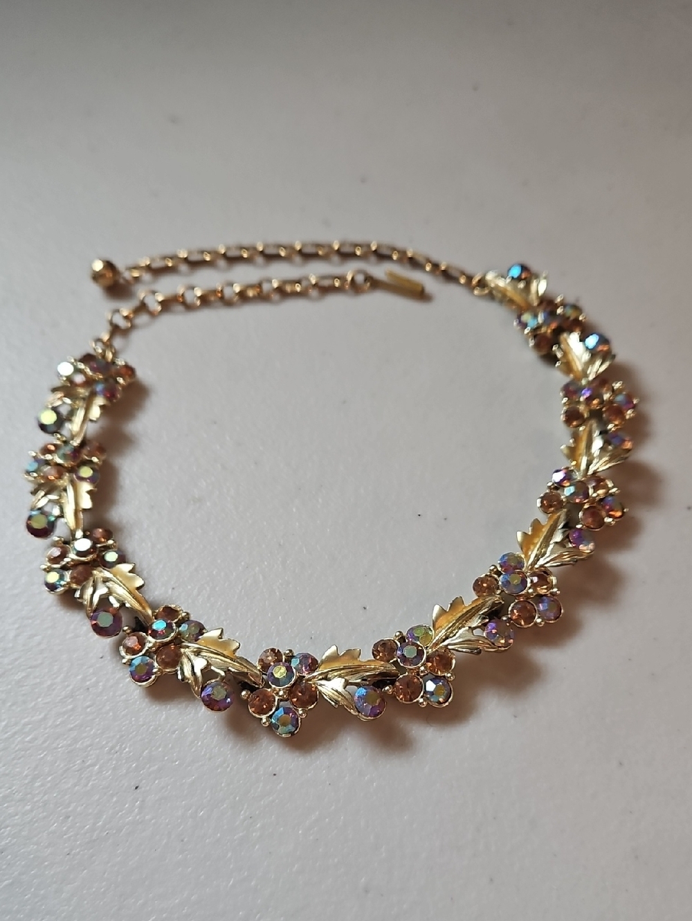 Vintage Brushed Gold Tone Leaf Design Aurora Borealis Topaz Rhinestone Necklace